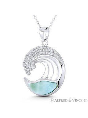 Sea wave Surfer Lab-Created Chalcedony CZ Crystal Pendant in 925 Sterling Silver